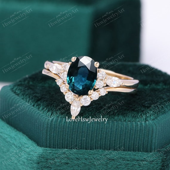 Teal Sapphire Engagement Ring Set Unique Yellow Gold Engagement