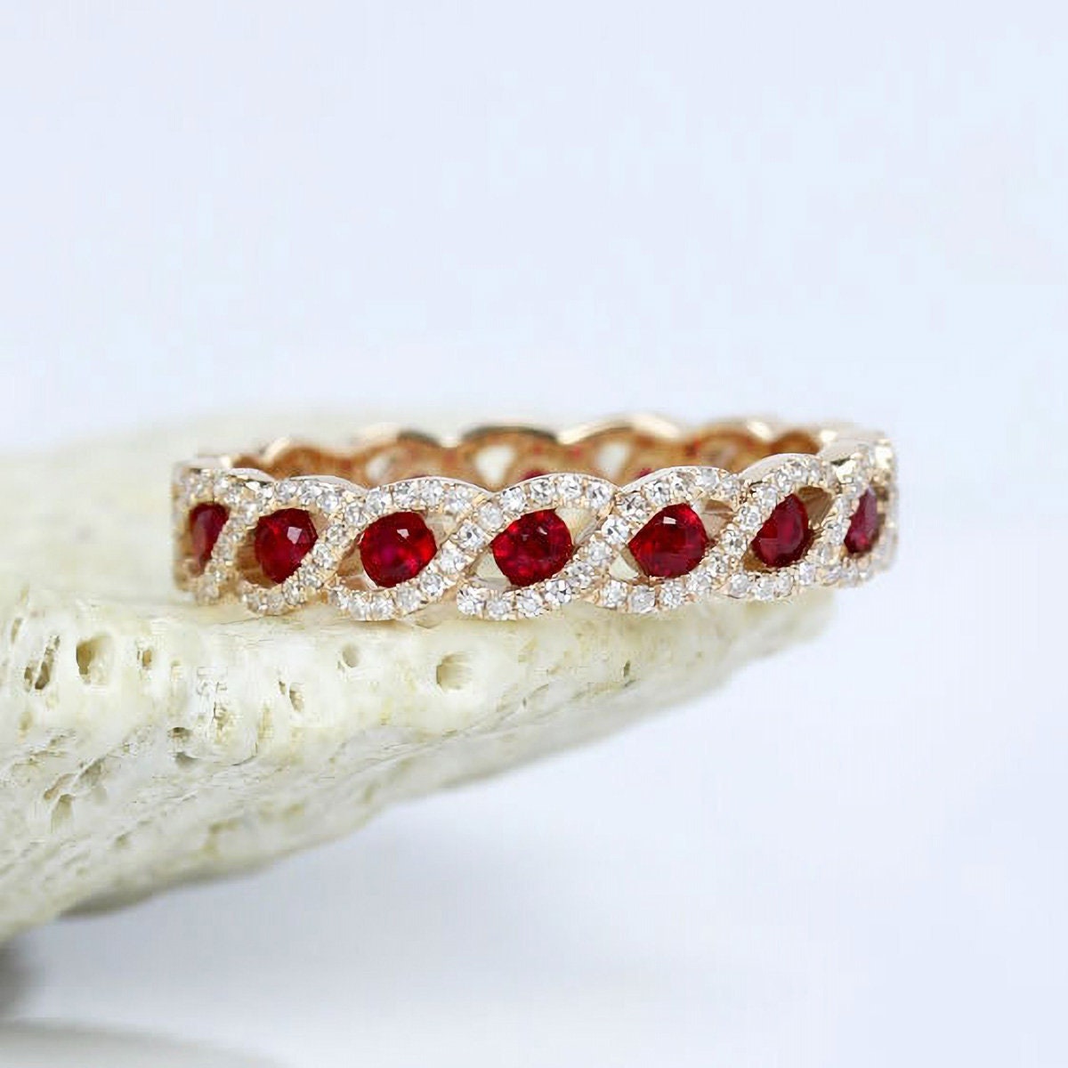 Vintage Ruby Pave Eternity Wedding Ring Band 14K Rose Gold Ruby Full ...