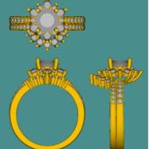 May include: A gold ring with a large oval-shaped center stone surrounded by smaller round stones. The band is also set with smaller round stones.