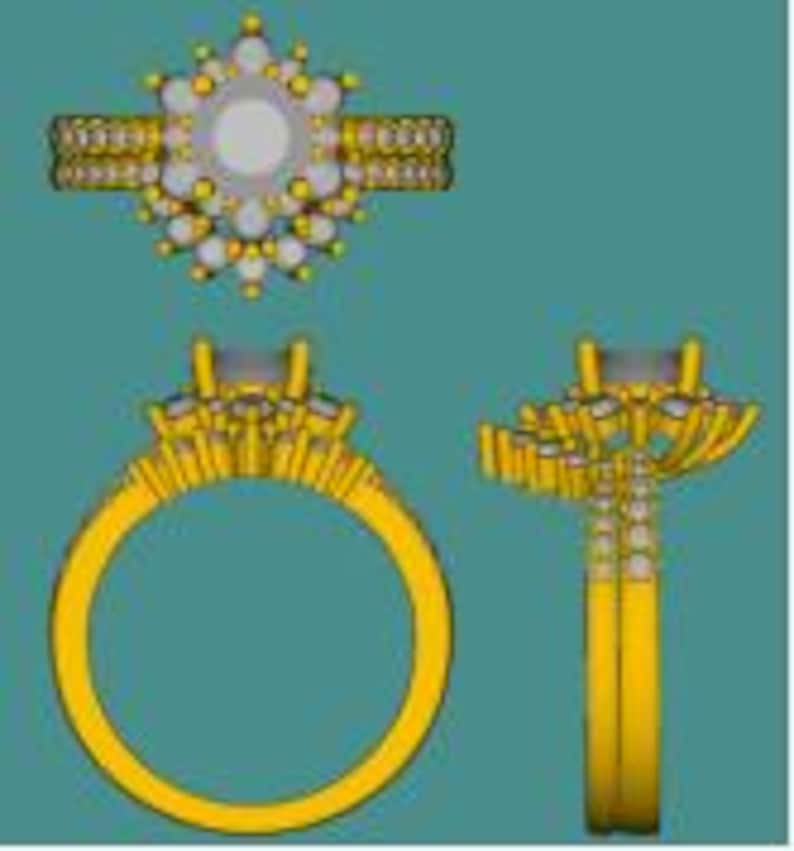 May include: A gold ring with a large oval-shaped center stone surrounded by smaller round stones. The band is also set with smaller round stones.