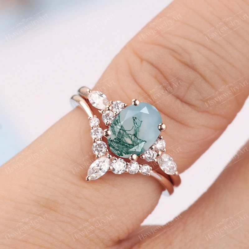 Moss agate engagement ring set unique rose gold engagement Etsy