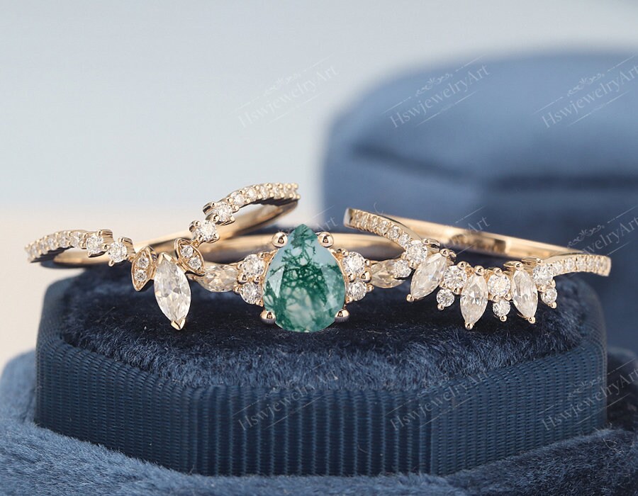 Moss agate engagement ring sets Pear Shape Cluster engagement | Etsy