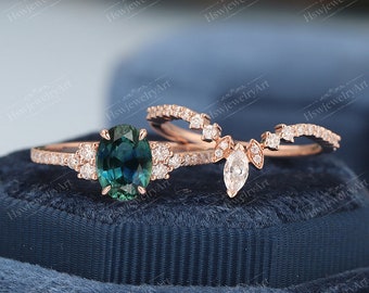 Teal sapphire engagement ring sets Oval vintage engagement ring solid gold blue green sapphire Diamond ring Wedding ring Promise Anniversary