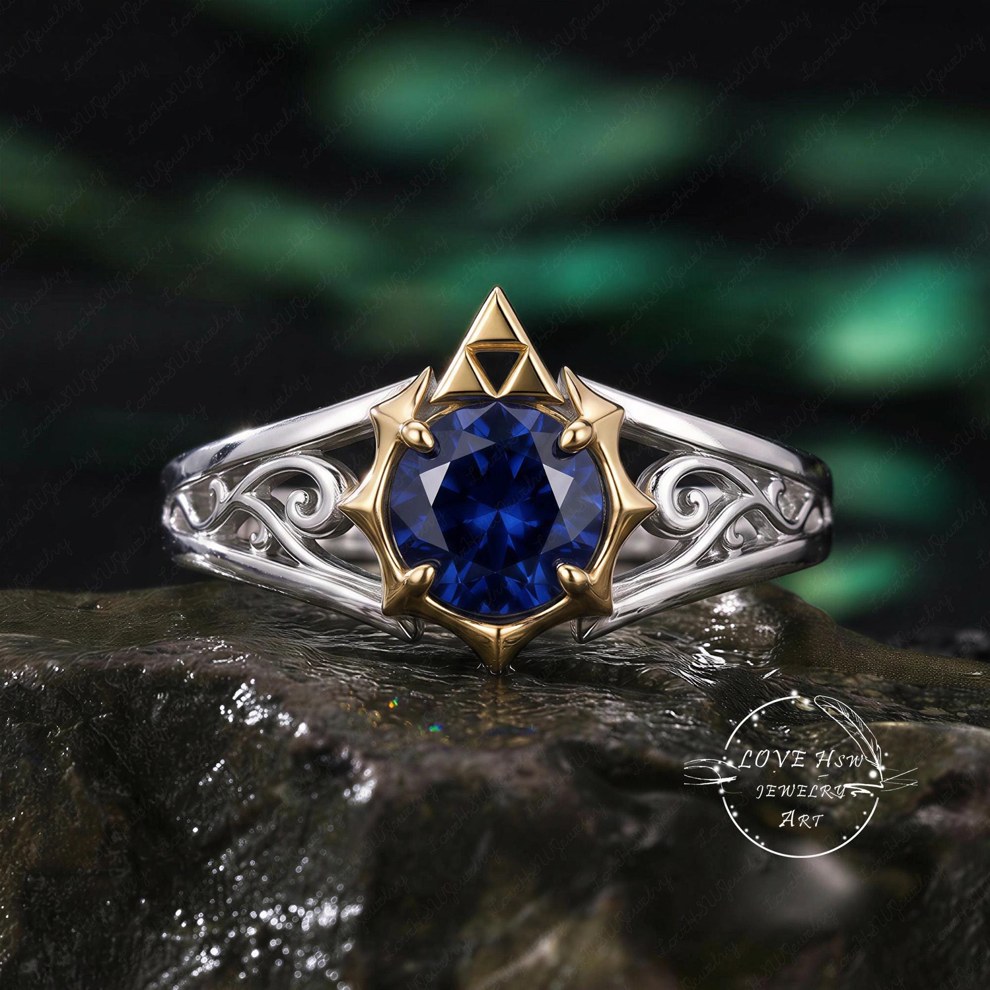 Legend of Zelda Inspired Sapphire Engagement Ring Triforce Zora's