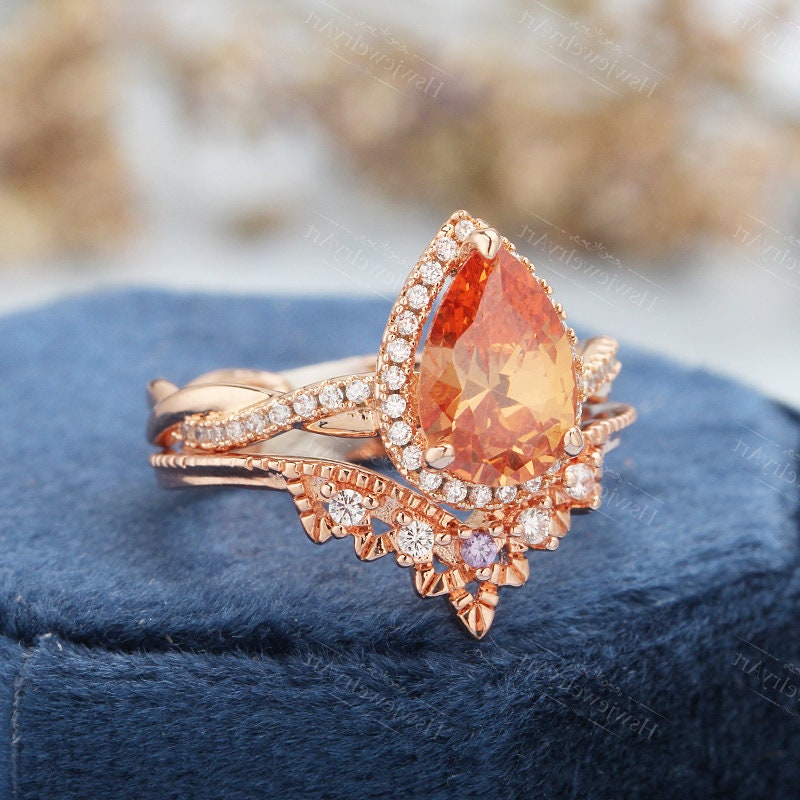Vintage 2ct Pear Cut Sunstone Leaf Bridal Ring Sets 14K Rose | Etsy