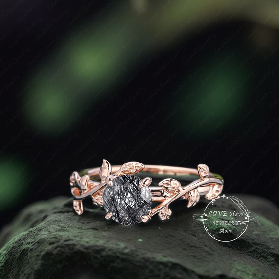 Black Quartz Rutilated Engagement Ring Leaf Vintage Rose Gold