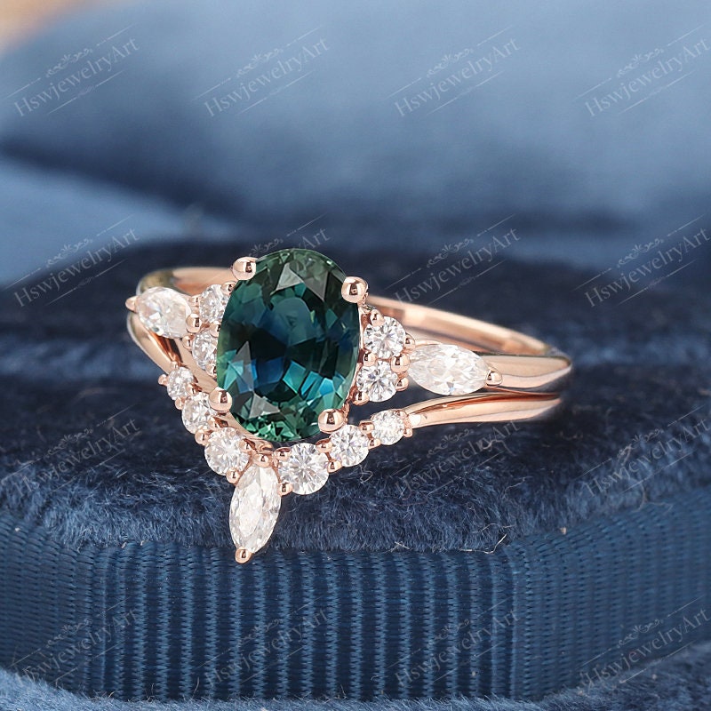 Teal sapphire engagement ring set unique yellow gold | Etsy