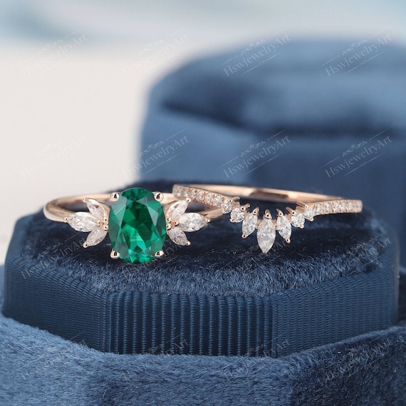 Emerald Engagement Ring Sets Unique Rose Gold Ring Oval Shape - Etsy