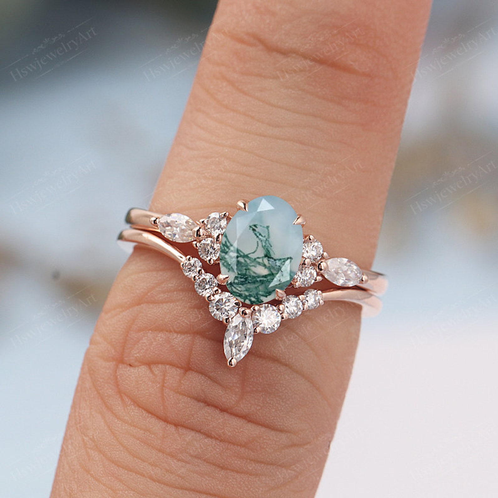 Moss agate engagement ring set unique vintage yellow gold Etsy