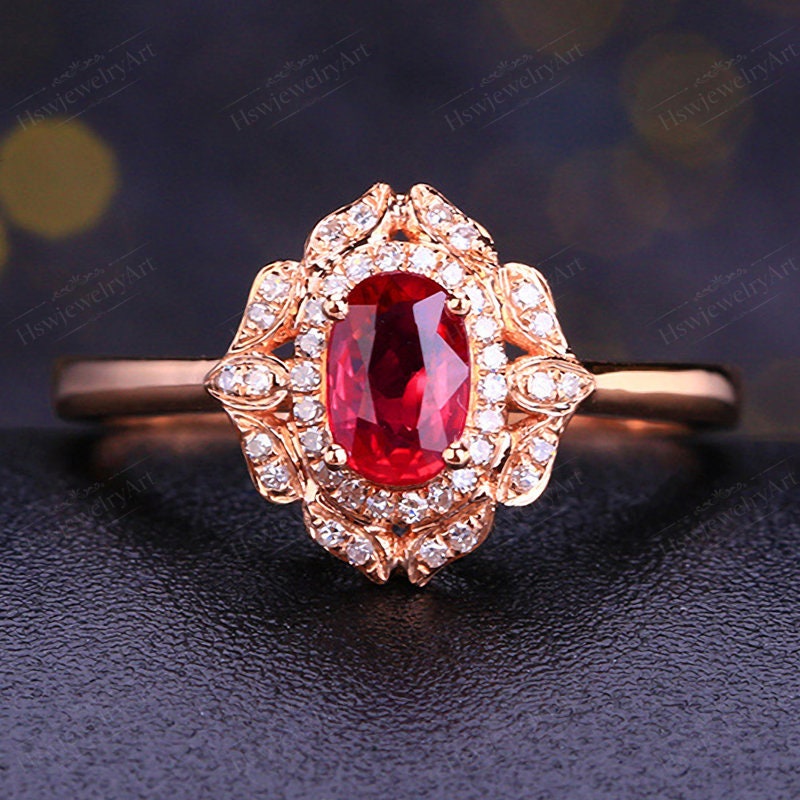 Oval Ruby Engagement Ring 14k Rose Gold Vintage Engagement | Etsy