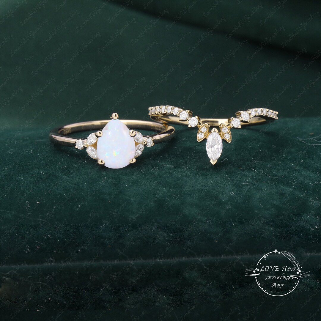 Ovaler Opal Verlobungsrng Art Deco Weßgold Eherng Set