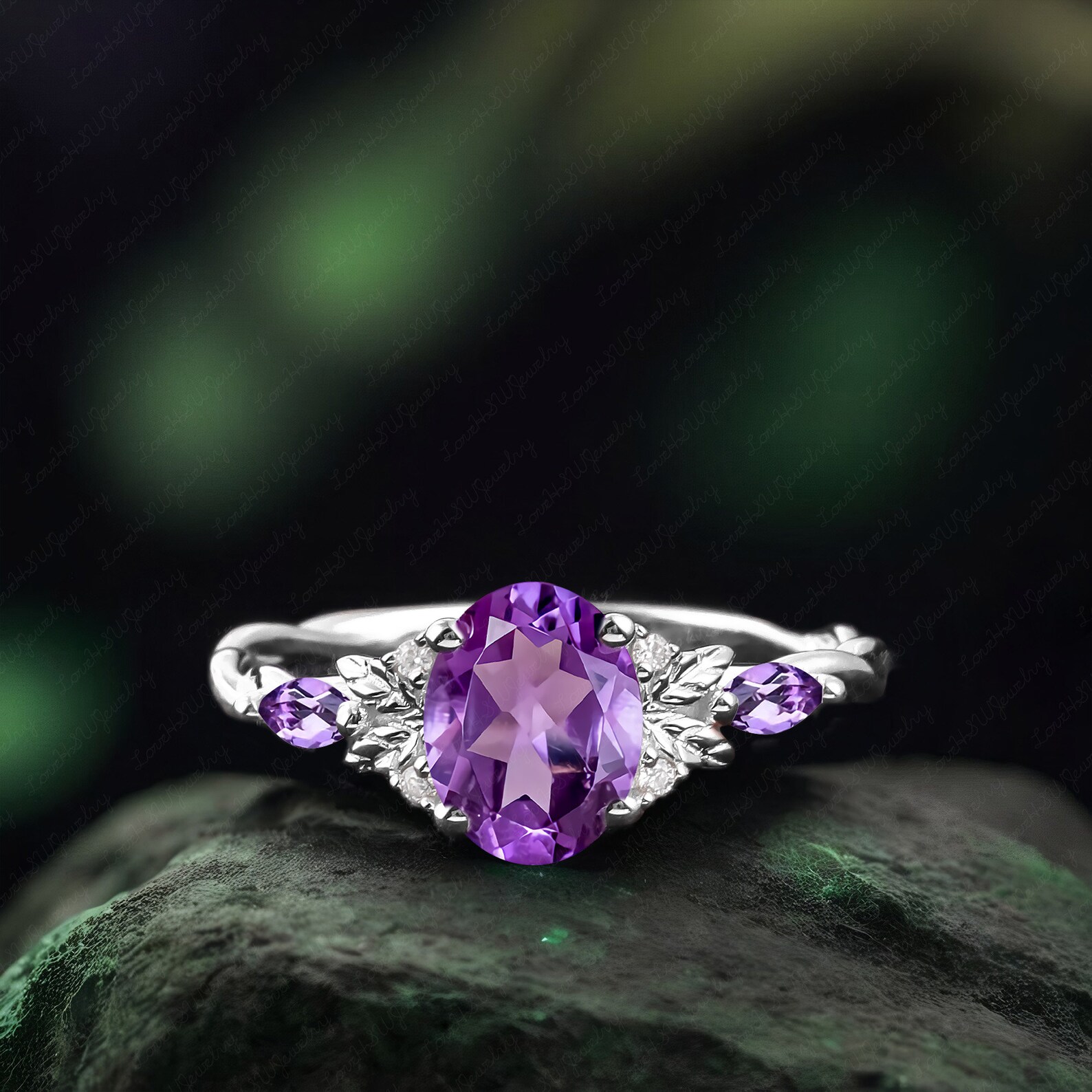Vintage Oval Amethyst Engagement Ring Set Bridal Sets Leaf Rose Gold ...