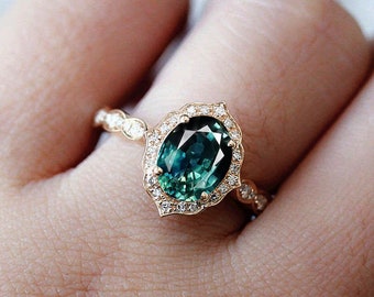 Vintage 2CT Teal Sapphire Engagement Ring Oval Halo Engagement Ring Yellow Gold Moissanite Unique Blue Green Sapphire Wedding Bridal Ring