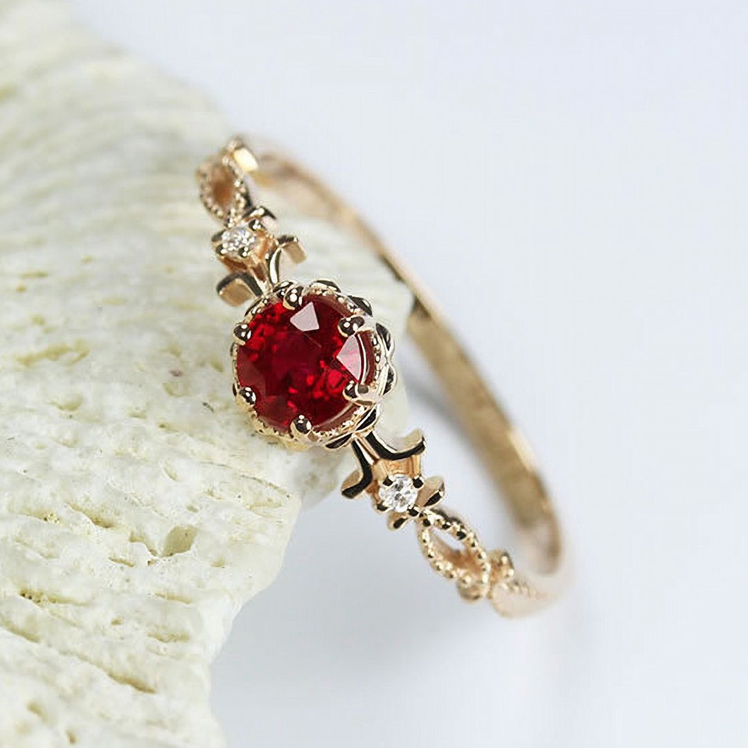 Simple Solitaire 0.3CT Natural Ruby Diamond Round Engagement Ring 14k ...