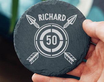 Personalised Birthday Archery Gift For Him or Her Age + Name Archer Engraved Slate Coaster
