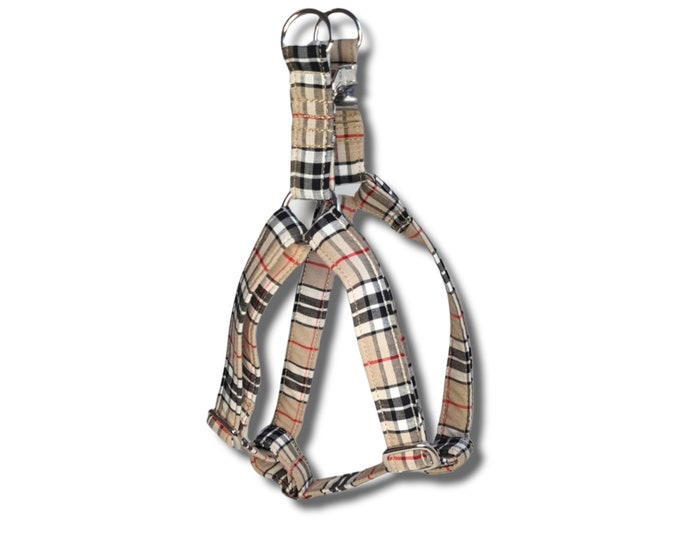 Adjustable step in dog harness - beige cream tartan/plaid