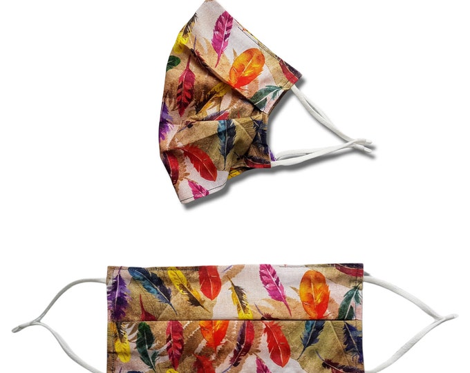 feathered print face mask. Washable and reusable with filter pocket. Adjustable elastic ear loops with toggle adjustment.