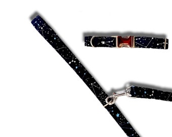 Celestial and constellations print dog collar/lead navy blue