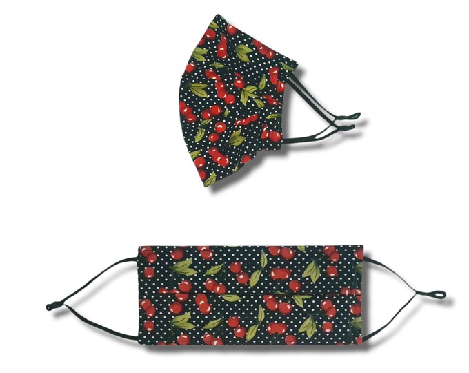 Cherry face mask. Washable and reusable with filter pocket. Adjustable elastic ear loops with toggle adjustment.