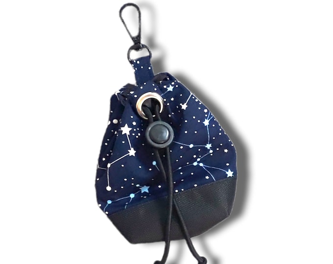 Celestial and constellations night sky print dog treat bag with poo bag holder compartment and drawstring opening/closing