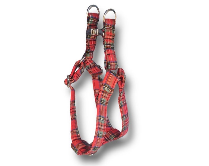 Adjustable step in dog harness - beige cream tartan/plaid