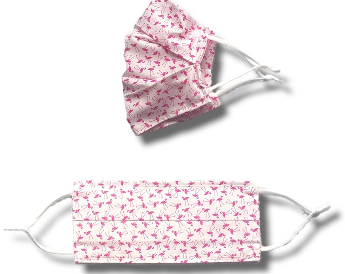 Flamingo print face mask. Washable and reusable with filter pocket. Adjustable elastic ear loops with toggle adjustment.