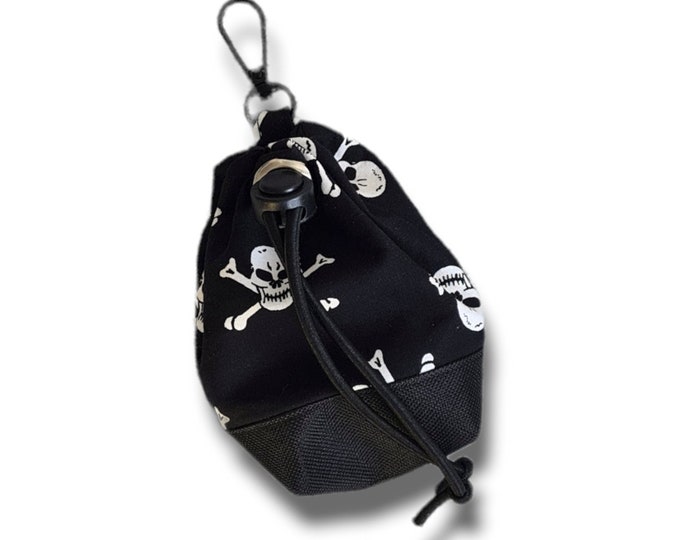 Skull print dog treat bag with poo bag holder compartment and drawstring opening/closing