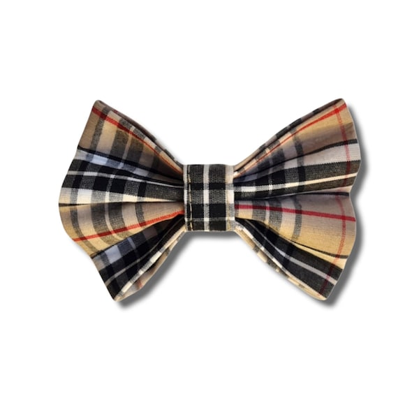 Tartan/plaid cream and beige dog bow tie