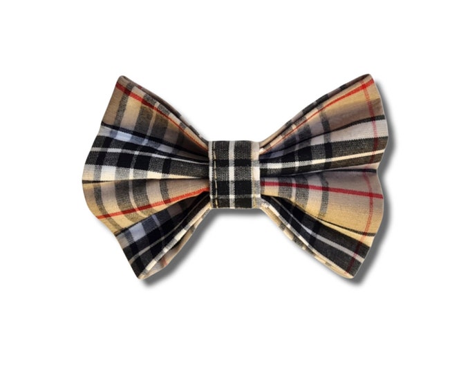 Tartan/plaid cream and beige dog bow tie