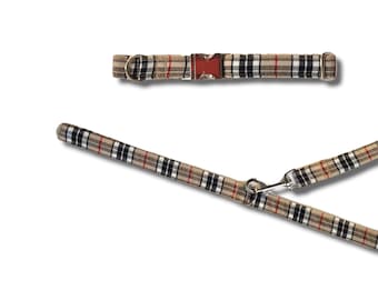 Classic beige tartan/cream plaid Lead and Collar