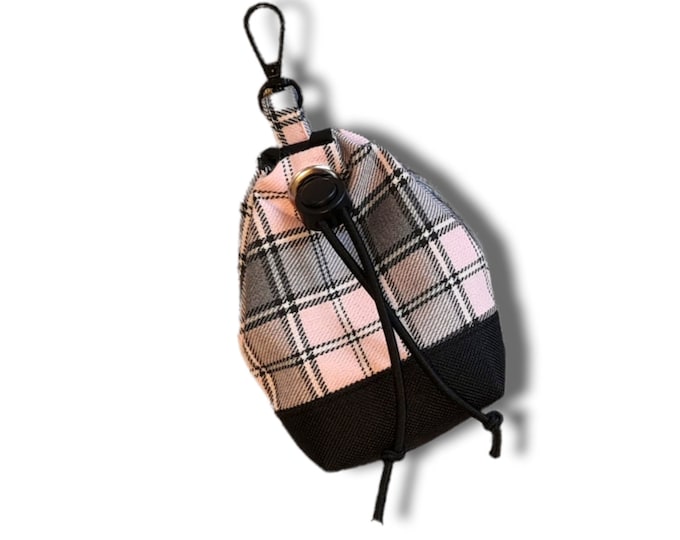 Pink and grey tartan/plaid dog treat bag with poo bag holder compartment and drawstring opening/closing