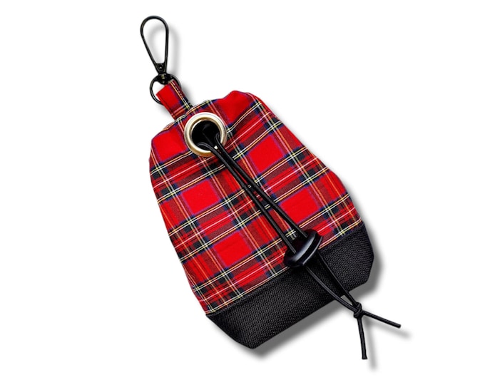 Red tartan dog treat bag with poo bag holder compartment and drawstring opening/closing
