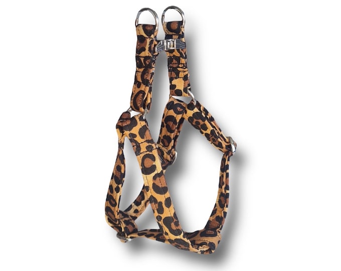 Adjustable step on dog harness - leopard print