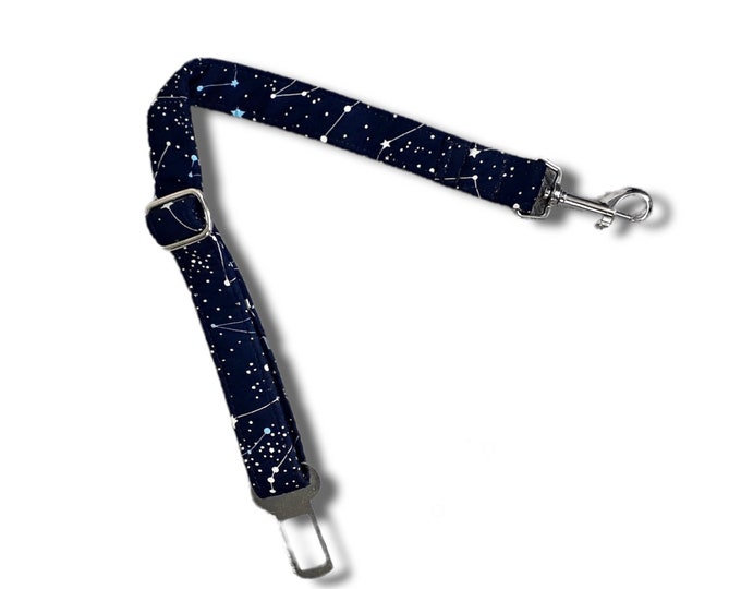 Dog seatbelt - celestial and constellation night sky print navy blue