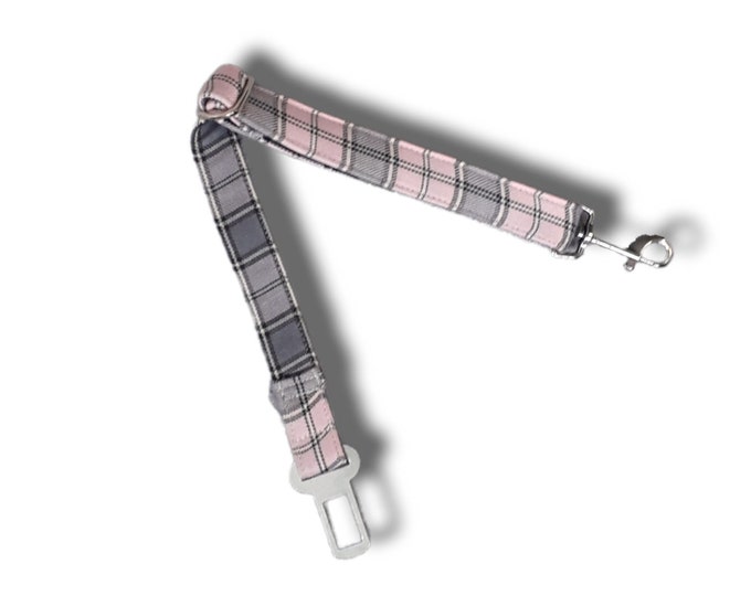 Dog seatbelt - pink and grey tartan/plaid