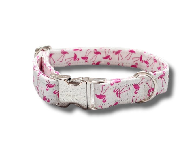 Flamingo print Dog collar with metal buckle