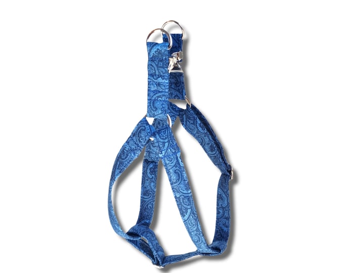 Adjustable step in dog harness- blue paisley print