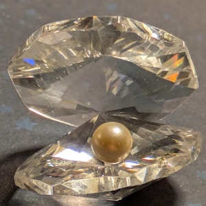 Op de afbeelding: Een heldere, facetgeslepen kristallen schelpsculptuur met een glanzende, ronde, goudbruine parel erin. De oppervlakken van de schelp reflecteren licht, waardoor een sprankelend effect ontstaat. De sculptuur staat op een donkere, getextureerde ondergrond.