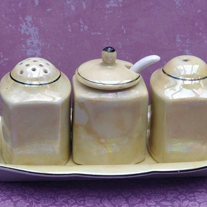 Very rare vintage menage for pepper and salt as well as a mustard pot on the porcelain tray