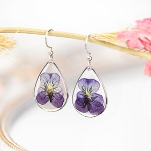 Real Viola Flower Earrings. Hypoallergenic Sterling Silver Hooks. Flower girl teardrop wedding bridal birthday gift female woman.