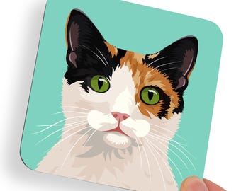 Black and Orange Calico Cat Yellow Eyes Coaster | House Pet Decor Cats Animal Lover Kitchen Living Room Bedroom Gifts Personalised Colour