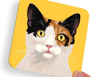 Black, White and Orange Calico Cat Yellow Eyes Coaster | House Pet Decor Cats Animal Kitchen Living Room Bedroom Gifts Personalised Colour