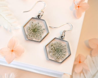 White Queen Anne’s Lace Silver Hexagon Real Pressed Flower Earrings