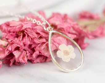 White Blossom Bridal Jewellery. Wedding Necklace Real Flower in Resin. Silver delicate dainty bridesmaid flower girl maid of honour gift