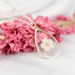 White Blossom Bridal Jewellery. Wedding Necklace Real Flower in Resin. Silver delicate dainty bridesmaid flower girl maid of honour gift image 1