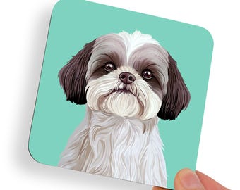 Shih Tzu White and Grey Dog Coaster | Personalised Colour