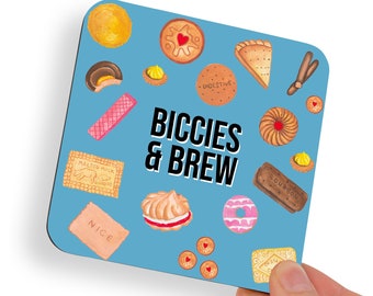 Biccies and Brew British Biscuit Coaster. Watercolour Hand Painted Printed. UK English Tea Gift. Bright Colourful Food Graphic Illustration