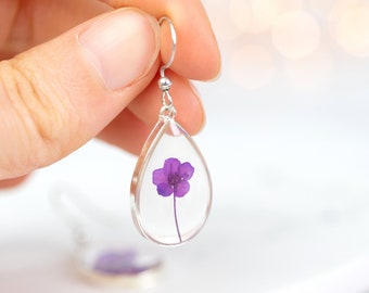 Real Pressed Purple Flower Earrings. Hypoallergenic Sterling Silver Hooks. Flower girl teardrop wedding bridal birthday gift female woman.