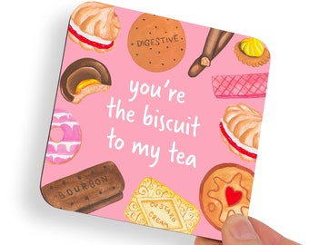 British Biscuit Pink Coaster. Watercolour Hand Painted Printed. UK English Tea Gift. Bright Colourful Food Graphic Illustration. Food Gifts