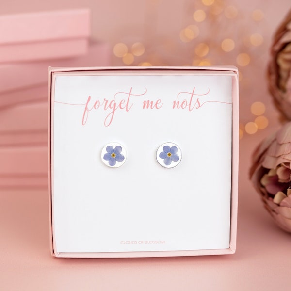 Real Pressed Forget Me Not Sterling Silver Stud Earrings. Something blue flower jewelry. Floral jewellery. Female Wedding Birthday Gift.